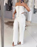 Conjunto de duas peças com Top de tubo com tiras de cor Sólida e Macacão com fenda de Cintura alta