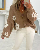 Cardigan suéter floral casual com decote em V