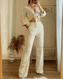 Conjunto de Duas peças com top de tiras de cor Sólida e calças casuais de Cintura alta