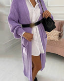 Suéter de malha de cor sólida com bolso Cardigan jaqueta de suéter de comprimento médio