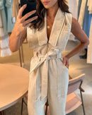 Macacão casual com alça em cor sólida com decote em V