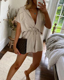 Camisa elegante com decote em V de cor sólida + shorts retos com cadarço conjunto de duas peças