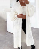 Suéter de malha de cor sólida com bolso Cardigan jaqueta de suéter de comprimento médio