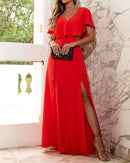 Vestido longo com fenda vazada em cor sólida com decote em V