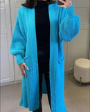 Suéter de malha de cor sólida com bolso Cardigan jaqueta de suéter de comprimento médio