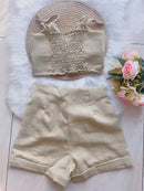 Conjunto Feminino Short com Botões e Cropped com Bojo Bege