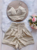 Conjunto Feminino Short com Botões e Cropped com Bojo Bege