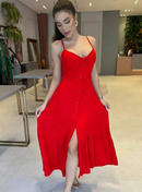 Vestido Longo Feminino Botão Na Frente Babado e Alça