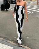 Vestido sem alças com linha Ondulada em Bloco Colorido