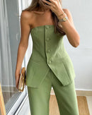 Calça superior sem mangas terno de duas peças de cor sólida