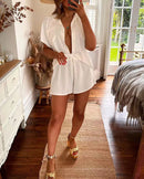 Camisa elegante com decote em V de cor sólida + shorts retos com cadarço conjunto de duas peças