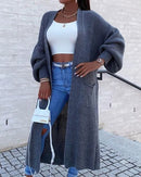 Suéter de malha de cor sólida com bolso Cardigan jaqueta de suéter de comprimento médio