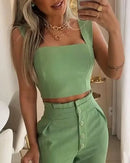 Colete de cor Sólida e Calças casuais Abotoadas de cintura Alta Conjunto de Duas peças