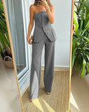 Calça superior sem mangas terno de duas peças de cor sólida