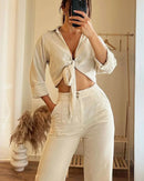 Conjunto de Duas peças com top de tiras de cor Sólida e calças casuais de Cintura alta