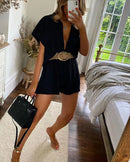 Camisa elegante com decote em V de cor sólida + shorts retos com cadarço conjunto de duas peças