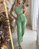 Colete de cor Sólida e Calças casuais Abotoadas de cintura Alta Conjunto de Duas peças