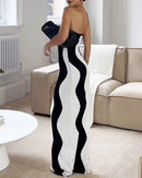 Vestido sem alças com linha Ondulada em Bloco Colorido